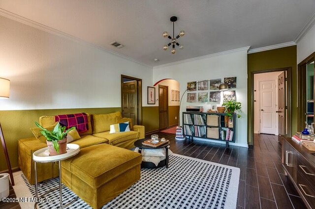 10961 Burnt Mill Rd Unit 321, Jacksonville, FL 32256 - living room featuring visible vents, arched walkways, a notable chandelier, wood tiled floor, and crown molding