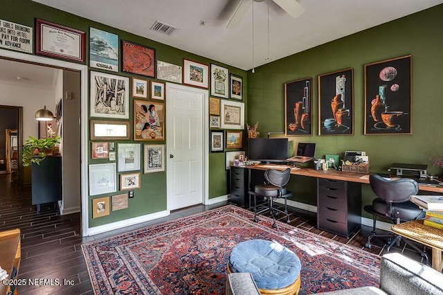 10961 Burnt Mill Rd Unit 321, Jacksonville, FL 32256 - office featuring visible vents, ceiling fan, baseboards, and wood finished floors