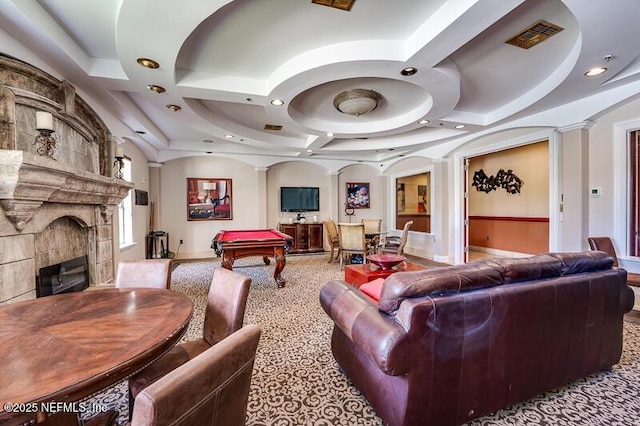 10961 Burnt Mill Rd Unit 321, Jacksonville, FL 32256 - rec room with ornate columns, a large fireplace, visible vents, coffered ceiling, and billiards