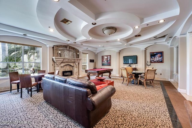 10961 Burnt Mill Rd Unit 321, Jacksonville, FL 32256 - living room with visible vents, plenty of natural light, decorative columns, a fireplace, and recessed lighting