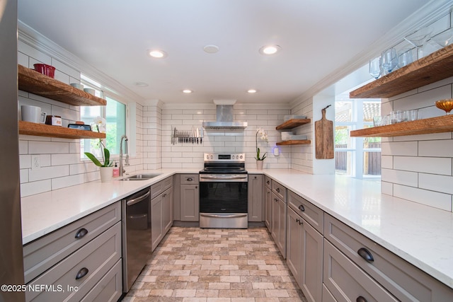 4245 Davinci Ave, Jacksonville, FL 32210 - kitchen with gray cabinets, open shelves, appliances with stainless steel finishes, island range hood, and a sink