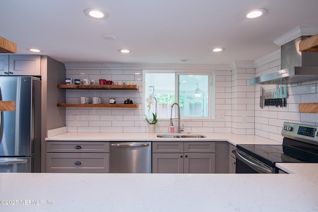 4245 Davinci Ave, Jacksonville, FL 32210 - kitchen with stainless steel appliances, backsplash, a sink, and open shelves