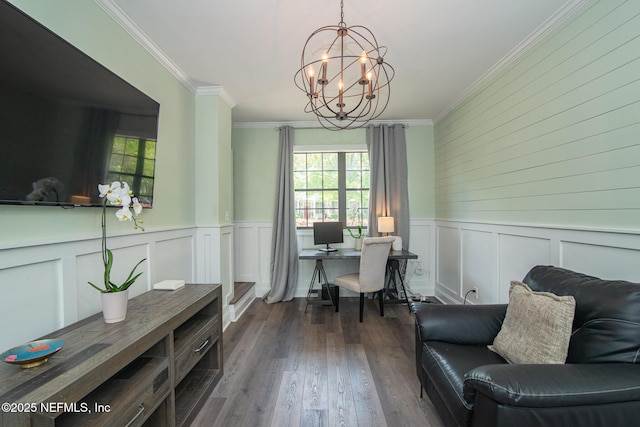 4245 Davinci Ave, Jacksonville, FL 32210 - office area featuring a notable chandelier, a decorative wall, ornamental molding, dark wood finished floors, and wainscoting