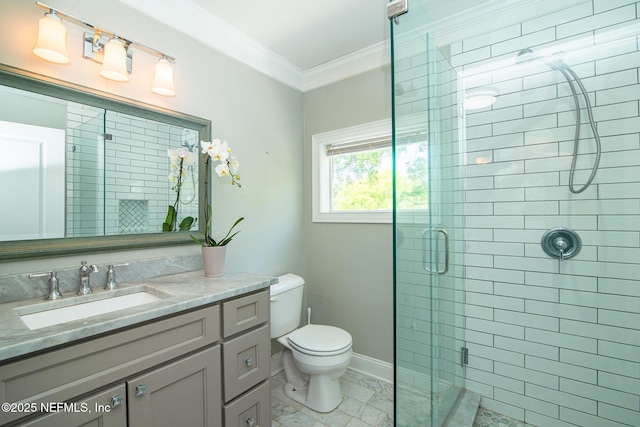 4245 Davinci Ave, Jacksonville, FL 32210 - bathroom with toilet, crown molding, vanity, marble finish floor, and a stall shower