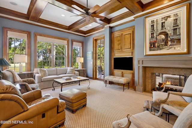 interior space featuring a ceiling fan, plenty of natural light, and coffered ceiling