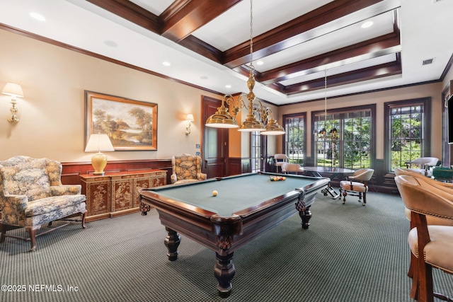 rec room featuring crown molding, wainscoting, billiards, and carpet