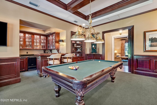 rec room with crown molding, wainscoting, dark colored carpet, pool table, and visible vents