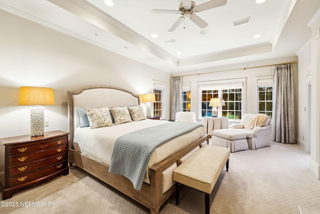 bedroom featuring light colored carpet, ornamental molding, visible vents, and recessed lighting