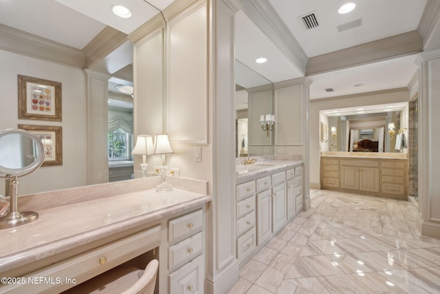 full bath with crown molding, marble finish floor, visible vents, and vanity