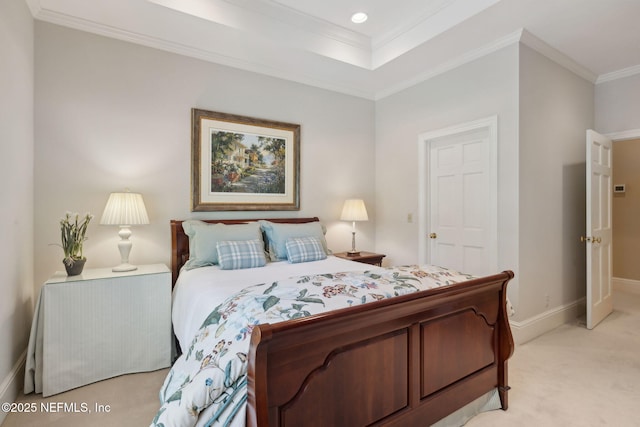 bedroom with baseboards, ornamental molding, and light colored carpet