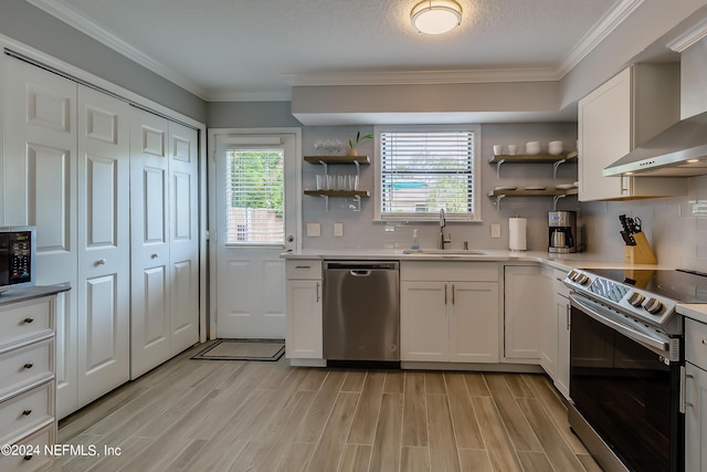 539 Upper 8th Ave S, Jacksonville Beach, FL 32250 - kitchen with wall chimney exhaust hood, stainless steel appliances, a sink, open shelves, and a wealth of natural light