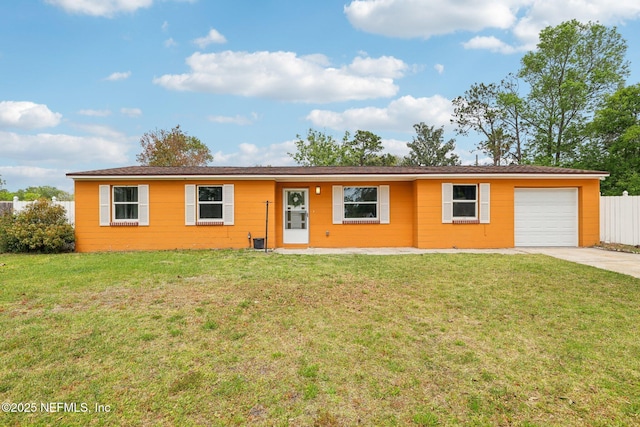 single story home with driveway, a garage, fence, and a front yard