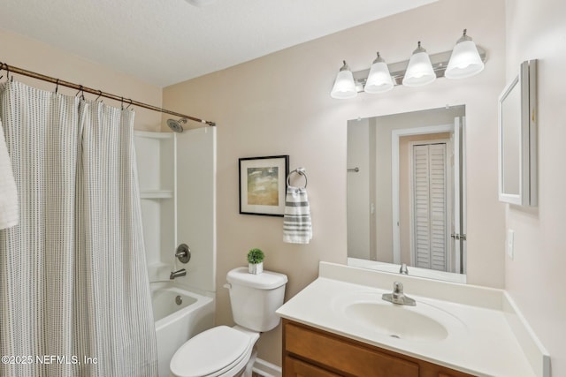 full bath with toilet, vanity, and shower / tub combo with curtain