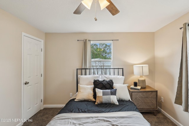 bedroom featuring a ceiling fan, carpet floors, and baseboards