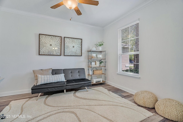 699 Aspen Leaf Dr, Jacksonville, FL 32081 - living area featuring ceiling fan, wood finished floors, and ornamental molding