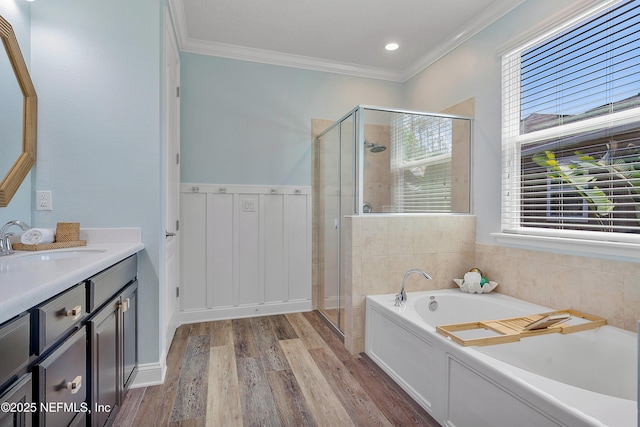 699 Aspen Leaf Dr, Jacksonville, FL 32081 - bathroom featuring a stall shower, crown molding, a garden tub, wood finished floors, and wainscoting