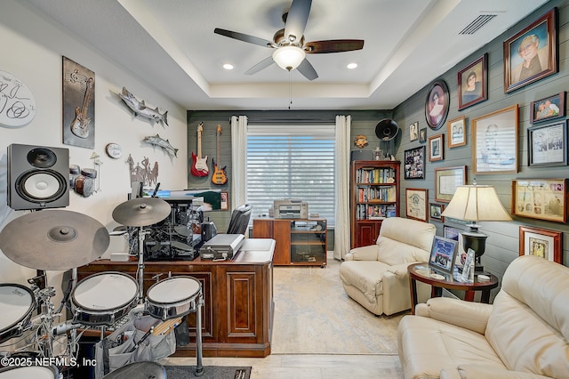 598 Marquesa Cir, Saint Johns, FL 32259 - office space with a tray ceiling, wood finished floors, visible vents, ceiling fan, and recessed lighting