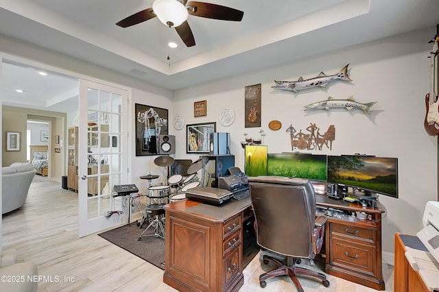 598 Marquesa Cir, Saint Johns, FL 32259 - office featuring ceiling fan, recessed lighting, a raised ceiling, light wood-type flooring, and french doors