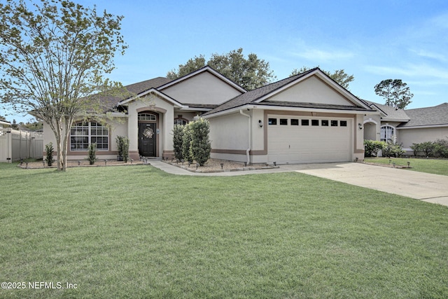 ranch-style house with driveway, fence, a garage, a front lawn, and stucco siding