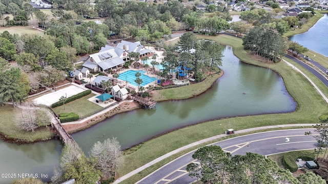 birds eye view of property featuring a water view