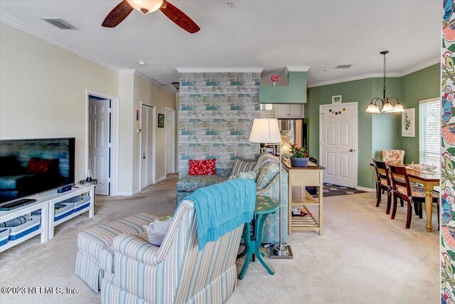 10961 Burnt Mill Rd Unit 1428, Jacksonville, FL 32256 - living room featuring light carpet, ceiling fan with notable chandelier, and ornamental molding