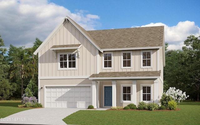 view of front of house featuring a front yard, a shingled roof, and an attached garage