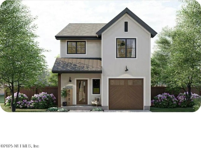 3402 Winton Dr, Jacksonville, FL 32208 - modern farmhouse featuring an attached garage, fence, and roof with shingles