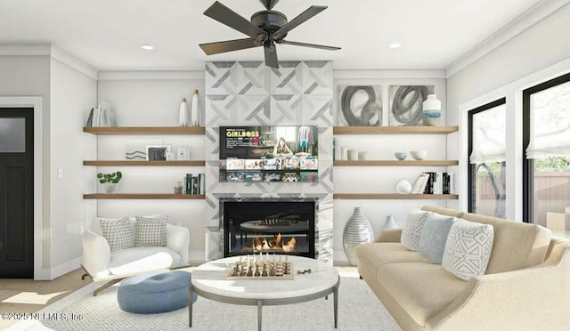 3402 Winton Dr, Jacksonville, FL 32208 - living area with crown molding, baseboards, ceiling fan, a glass covered fireplace, and wood finished floors