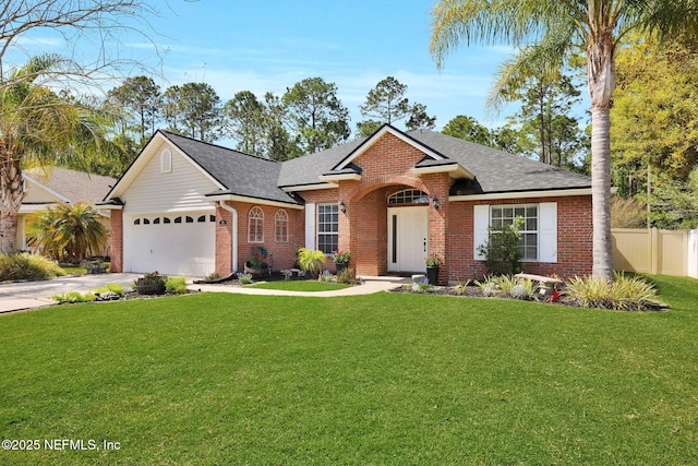 view of front of property with concrete driveway, fence, an attached garage, a front yard, and brick siding
