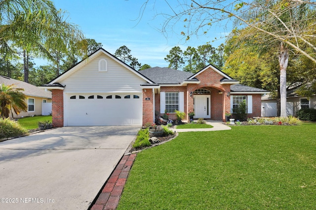 ranch-style house featuring a front yard, brick siding, concrete driveway, and a garage