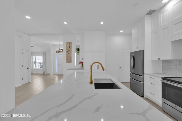 kitchen featuring white cabinetry, stainless steel appliances, decorative backsplash, a sink, and visible vents
