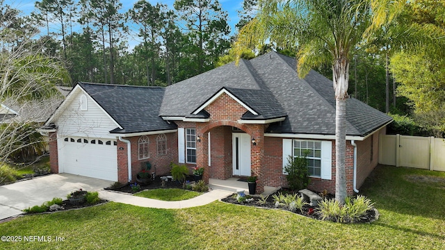 view of front of home with a front yard, a gate, fence, brick siding, and a garage