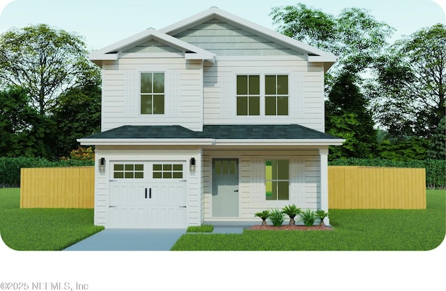 9 Buttercup St, Jacksonville, FL 32210 - view of front of home featuring roof with shingles, concrete driveway, fence, a front lawn, and a garage