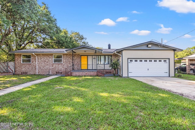 3838 Winton Dr, Jacksonville, FL 32208 - ranch-style home with driveway, a front yard, fence, brick siding, and a garage