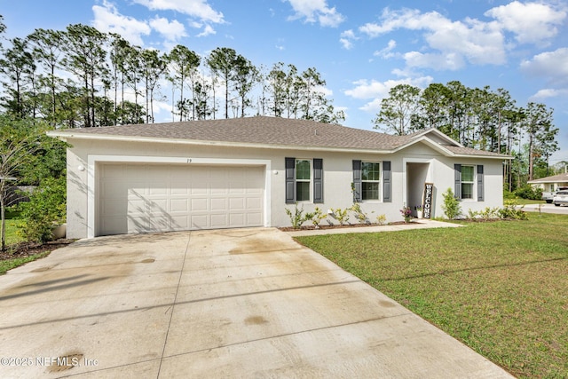 single story home with a garage, stucco siding, a shingled roof, a front yard, and driveway