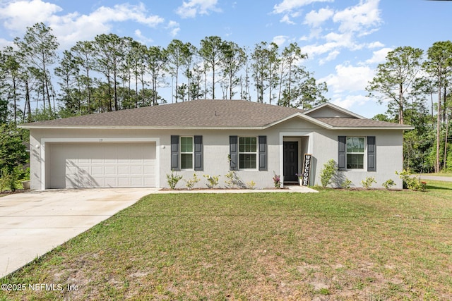 ranch-style home with an attached garage, concrete driveway, stucco siding, a front lawn, and a shingled roof