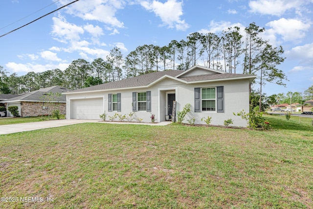 single story home with stucco siding, concrete driveway, a garage, and a front lawn