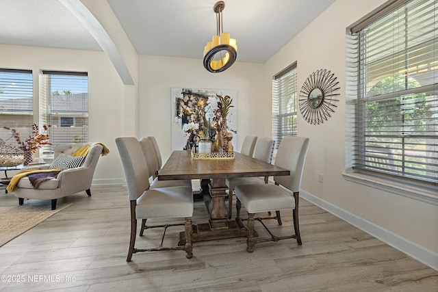 110 Arabian Ct, Saint Augustine, FL 32095 - dining space with baseboards, arched walkways, a notable chandelier, and light wood-style floors
