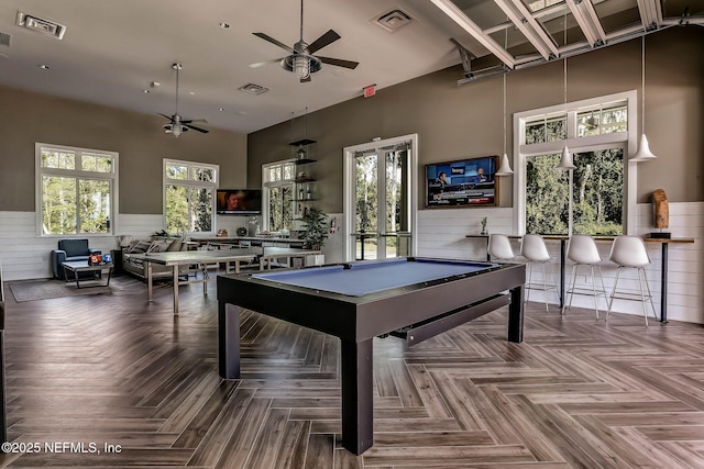 64 Whirlaway Ct, Saint Johns, FL 32259 - game room with wainscoting, a ceiling fan, billiards, and a towering ceiling