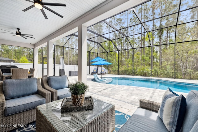 64 Whirlaway Ct, Saint Johns, FL 32259 - view of swimming pool featuring an outdoor living space, a patio area, and ceiling fan