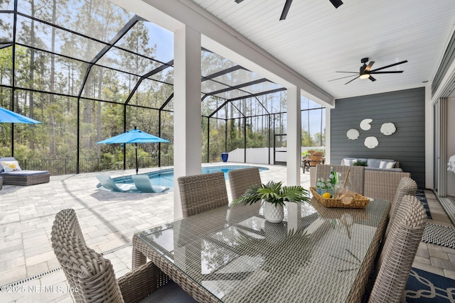 64 Whirlaway Ct, Saint Johns, FL 32259 - view of patio featuring ceiling fan, outdoor dining space, an outdoor pool, and a lanai