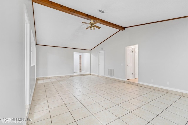 7927 Dwyer Dr, Jacksonville, FL 32244 - empty room featuring a ceiling fan, vaulted ceiling with beams, baseboards, and visible vents