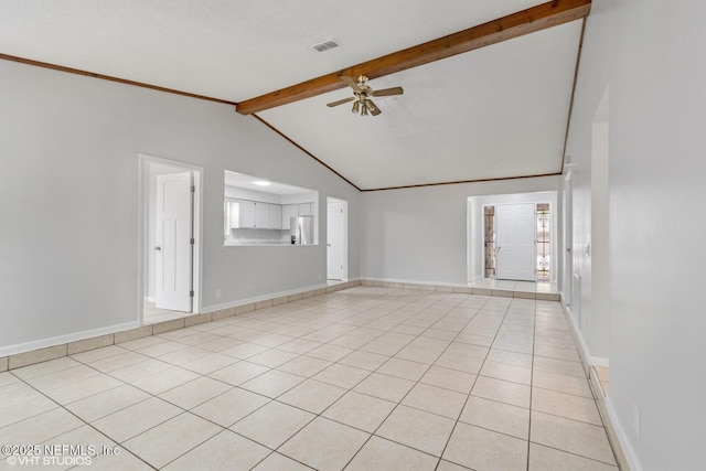 7927 Dwyer Dr, Jacksonville, FL 32244 - unfurnished room with lofted ceiling with beams, visible vents, baseboards, ceiling fan, and light tile patterned floors