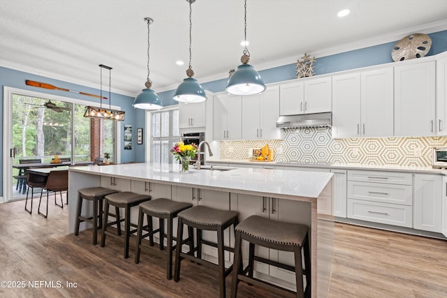 1053 Anchor Rd, Saint Johns, FL 32259 - kitchen with white cabinetry, under cabinet range hood, ornamental molding, and backsplash