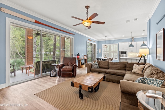 1053 Anchor Rd, Saint Johns, FL 32259 - living room with visible vents, crown molding, ceiling fan, and light wood-type flooring