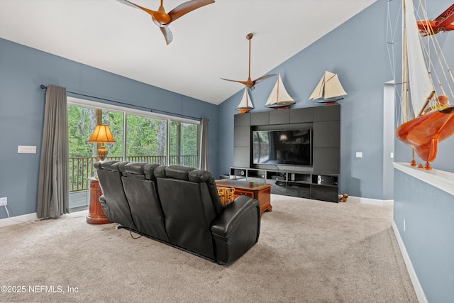 1053 Anchor Rd, Saint Johns, FL 32259 - living room featuring carpet, baseboards, vaulted ceiling, and ceiling fan