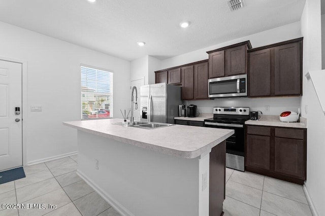 kitchen with light countertops, visible vents, dark brown cabinets, appliances with stainless steel finishes, and a sink
