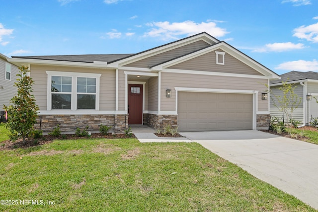 107 Arbor Alcove Ln, Saint Augustine, FL 32084 - craftsman-style home with an attached garage, a front yard, driveway, and stone siding