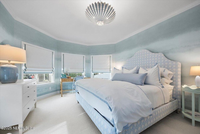 701 Beach Ave Unit 204, Atlantic Beach, FL 32233 - bedroom featuring crown molding, baseboards, light carpet, and an inviting chandelier