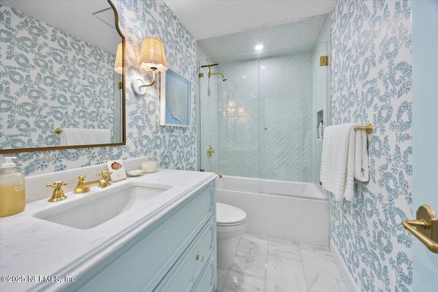 701 Beach Ave Unit 204, Atlantic Beach, FL 32233 - bathroom featuring vanity, wallpapered walls, toilet, shower / bathtub combination, and recessed lighting